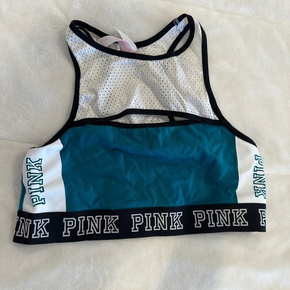 PINK Victoria's Secret High Neck Mesh Sports Bra Teal White L(A-C) - Picture 1 of 3